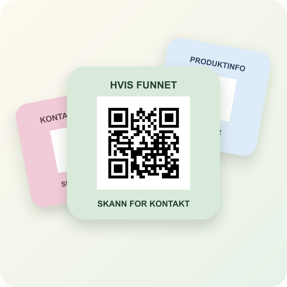 QR-kodelapper i tre farger med skannbar kode